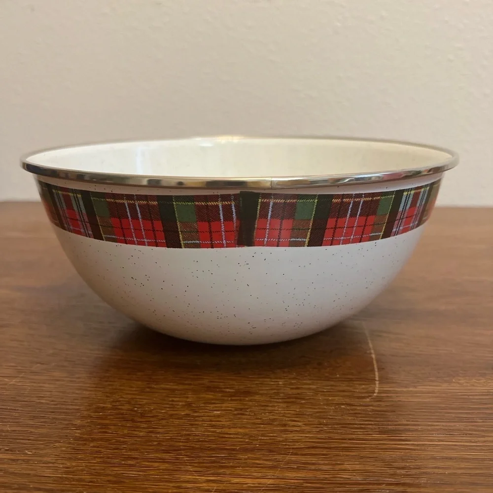 Hallmark Santa Christmas Bowl – Plaid Enamel Holiday Serveware 9”
